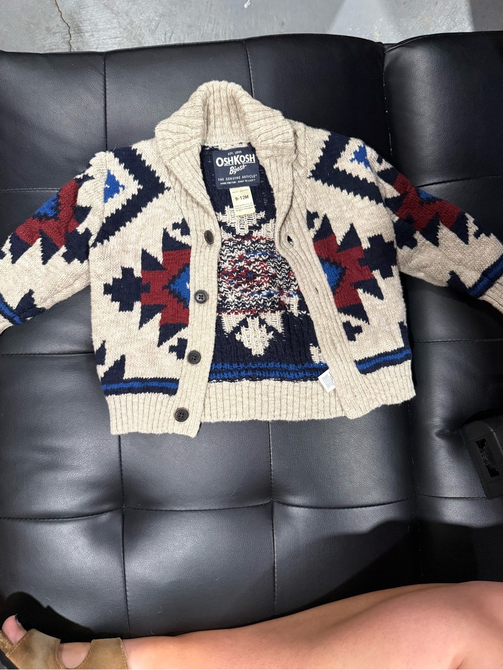 OshKosh B'gosh Cream Navy & Burgundy Geometric Knit Cardigan